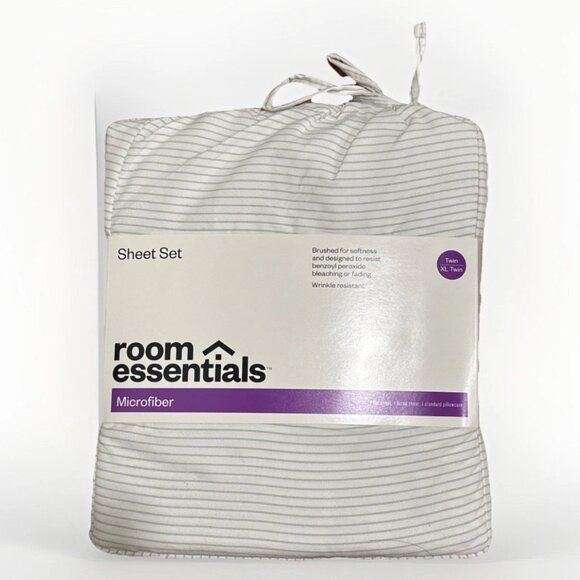 Room Essentials Twin/Twin XL Sheet Set New 3-Pc Set White Gray Stripe Microfiber - Picture 1 of 2